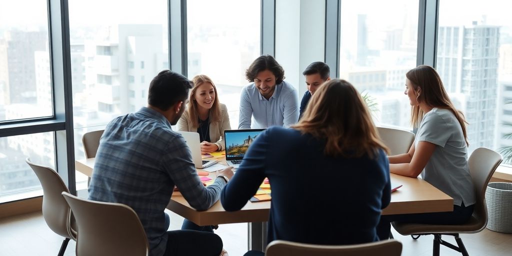 Team brainstorming in a bright, modern workspace.