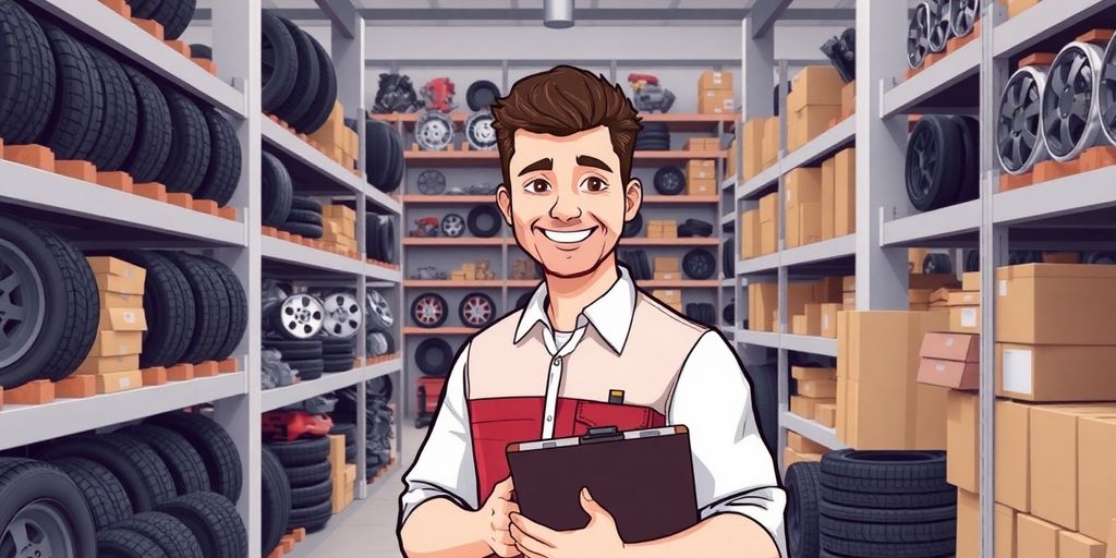 Man smiling, holding clipboard, next to car parts.