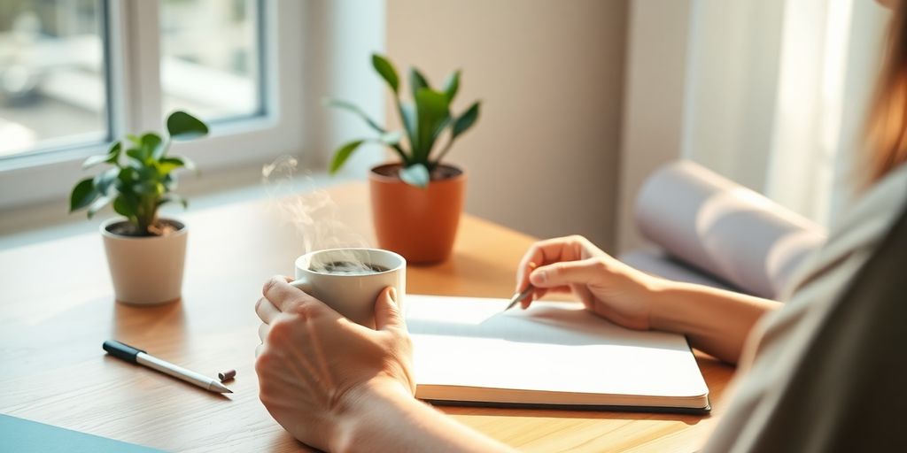 Person journaling at desk with coffee mug and yoga mat