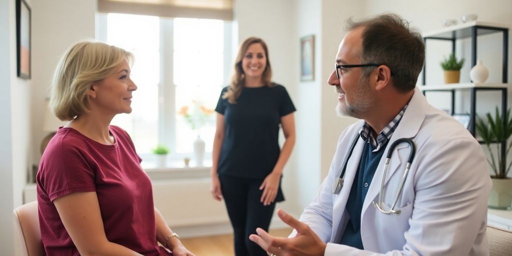 Hyperhidrose: Patient und Arzt in einer hellen Arztpraxis.