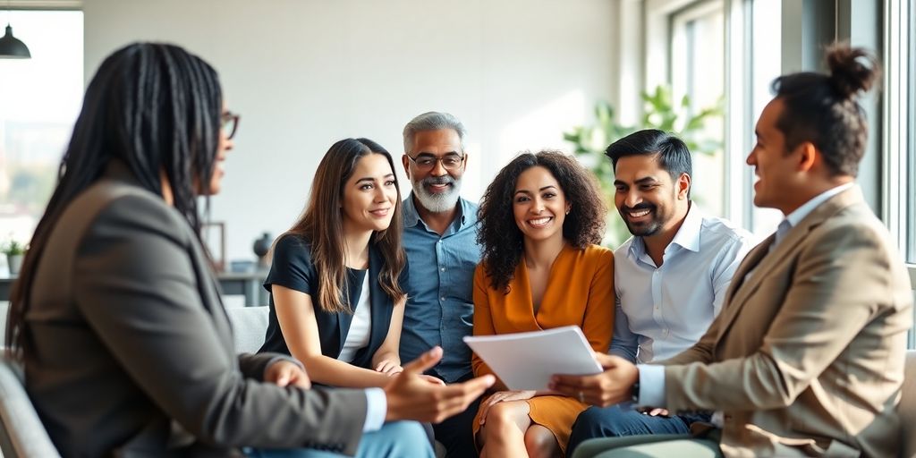 Diverse business owners discussing insurance in a modern office.
