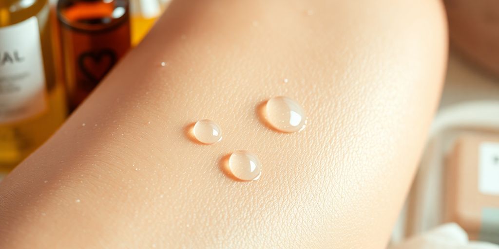 Close-up of radiant skin with skincare products.