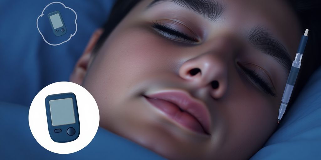 Person sleeping peacefully with diabetes management symbols nearby.