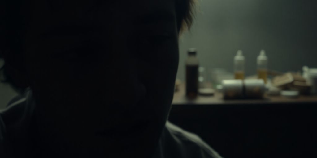 Distressed person, blurred drug paraphernalia, dark setting.