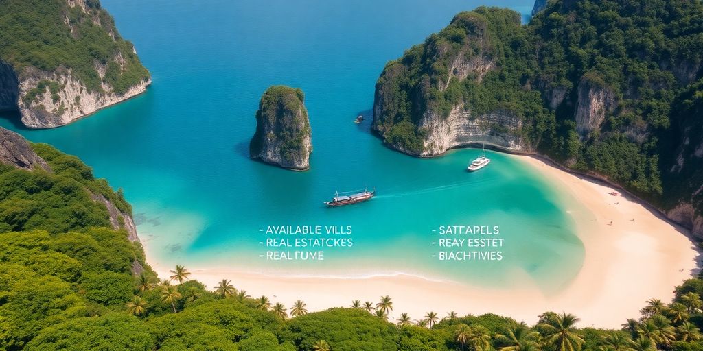 Aerial view of Railay Beach, Krabi with lush cliffs.