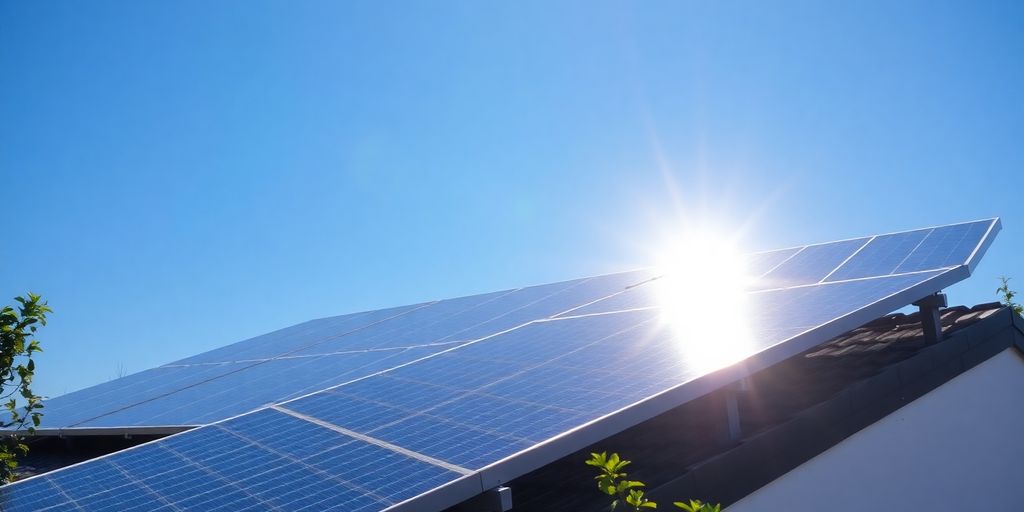 Solar panels on a rooftop under bright sunlight.