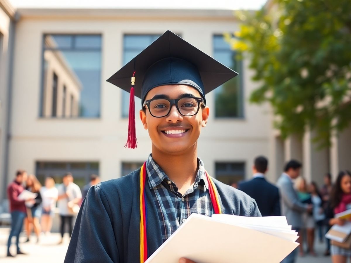 Student celebrating graduation with diploma and academic surroundings.