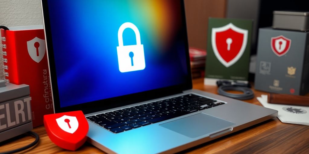 Laptop with lock icon and security tools around it.