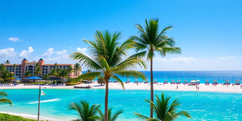 Tropical beach resort with palm trees and clear blue ocean.