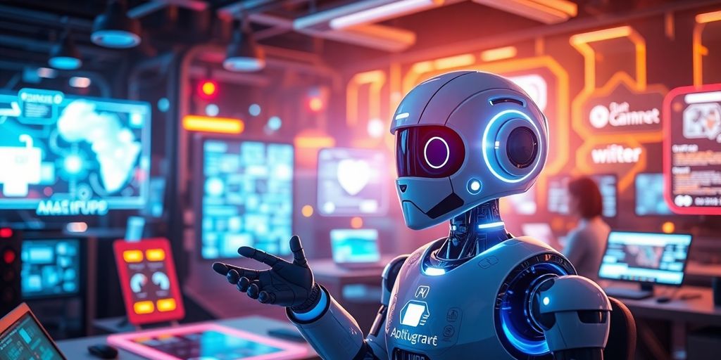 Futuristic chatbot in a vibrant tech environment.