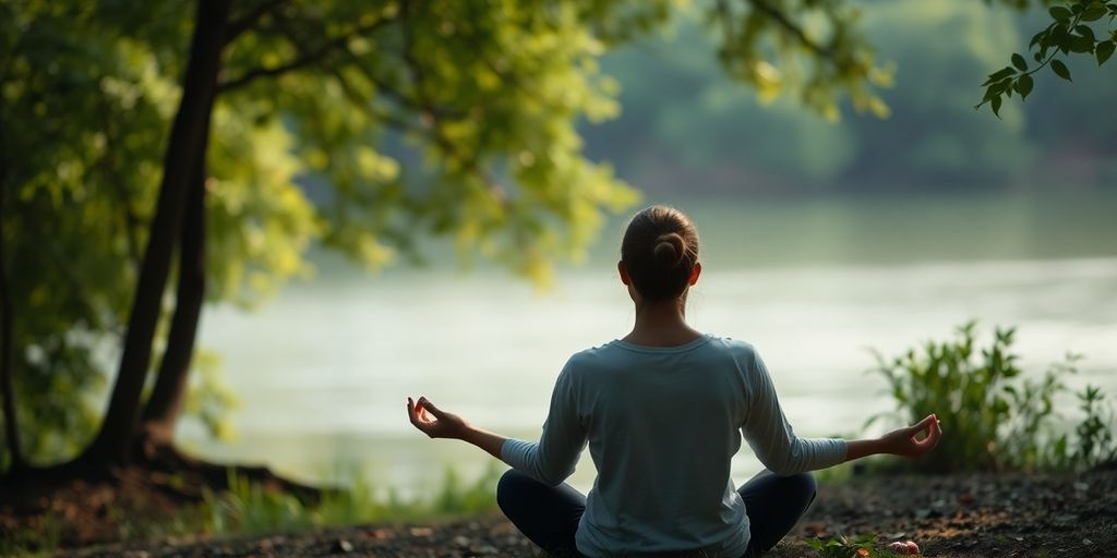 Person meditating peacefully outdoors.