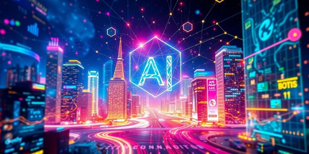 Futuristic cityscape with AI and blockchain elements.
