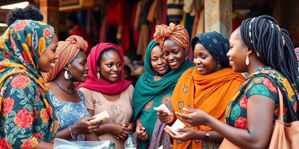 Diverse African women entrepreneurs collaborating in a market.