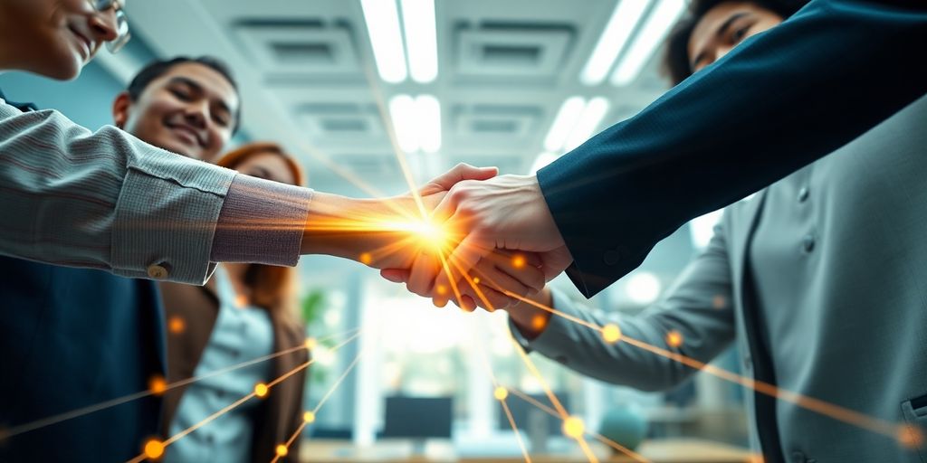 Diverse professionals collaborating, connecting ideas, innovative network.