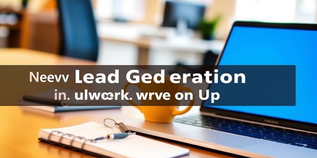 Workspace with laptop and tools for lead generation.