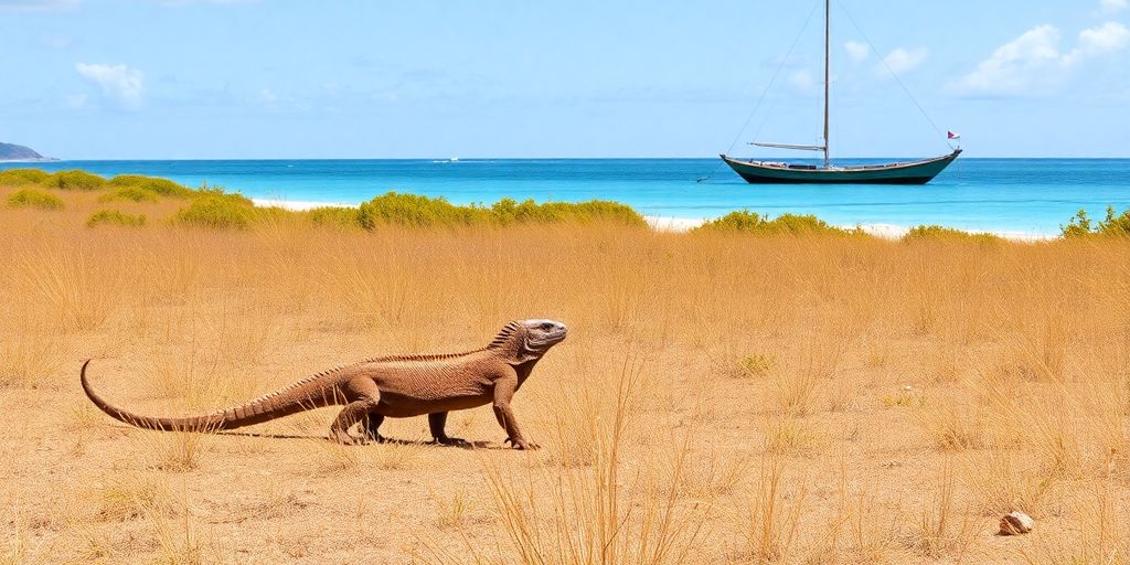 Komodo dragon on Rinca Island with boat in background.