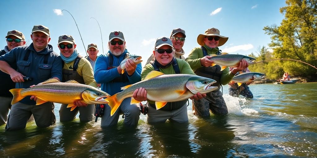 Anglers enjoying diverse fishing experiences with large catches.