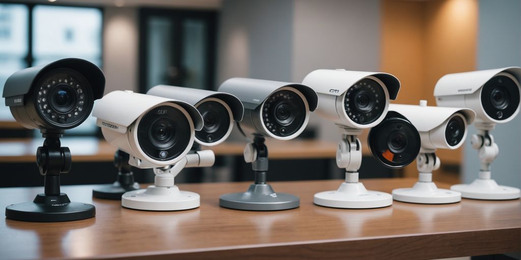Various CCTV cameras on a modern table.