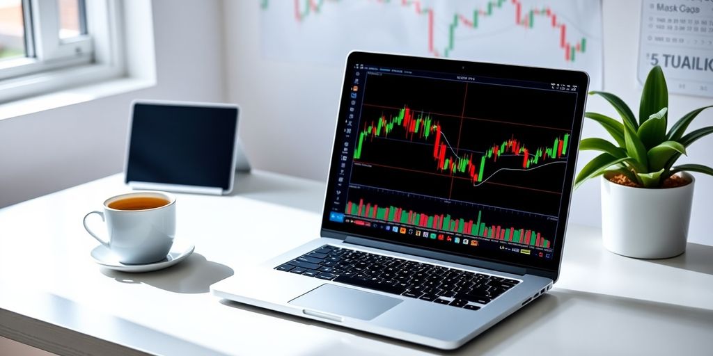 A cozy trading workspace with a laptop and coffee.