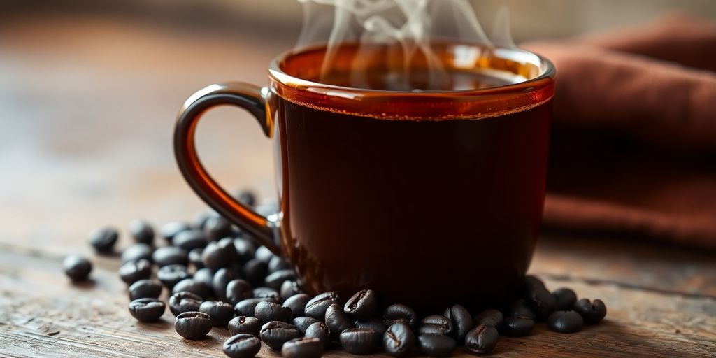 Steaming coffee mug on wood surface with coffee beans.