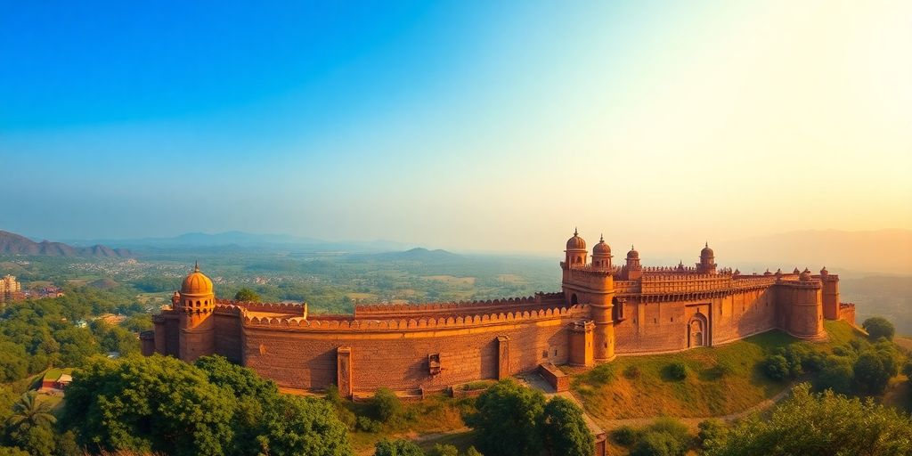 Chittorgarh Fort with lush greenery and panoramic views.