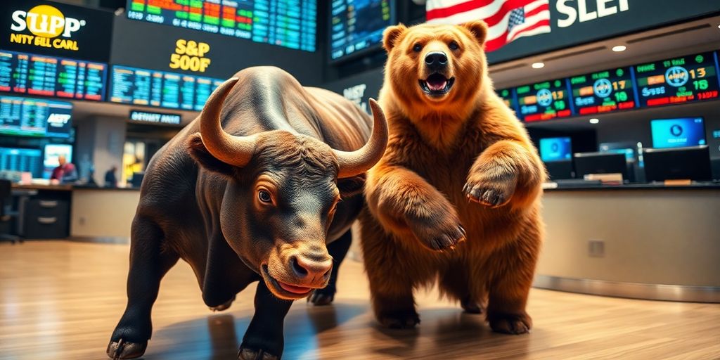 Bull and bear on a trading floor, symbolizing market competition.