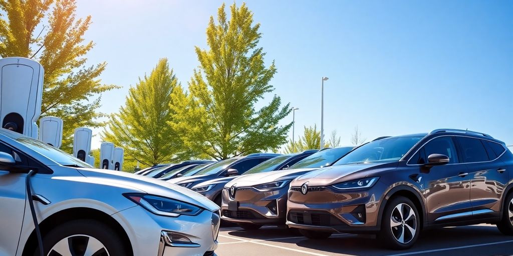 Electric vehicles charging in a row.