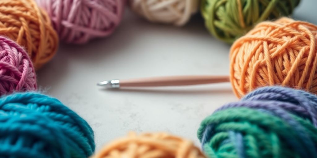 Colorful yarn balls and a crochet hook on a table.