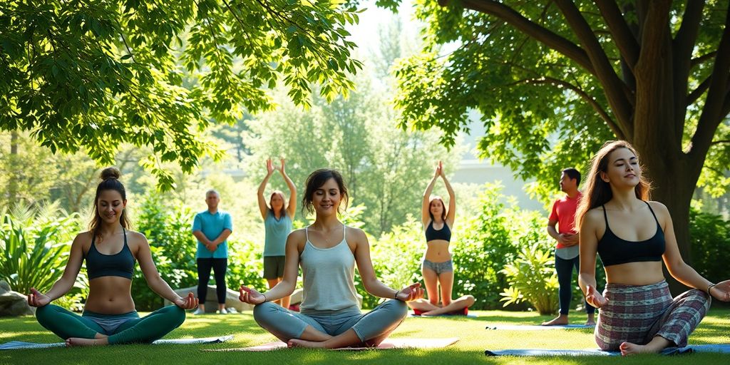 Group of people engaging in wellness activities outdoors.