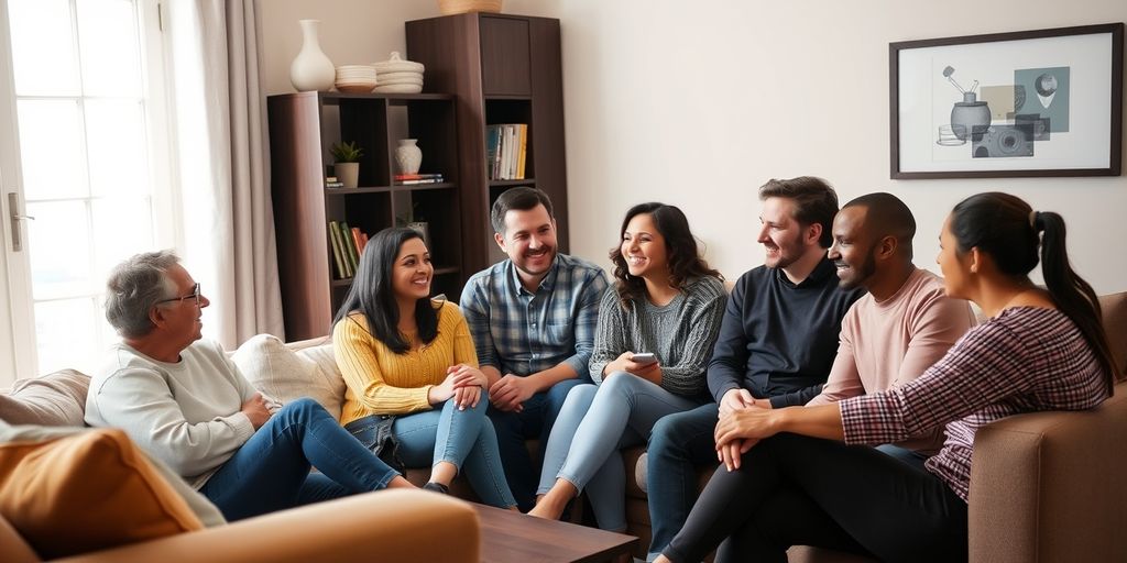 Diverse group chatting in a cozy living room.
