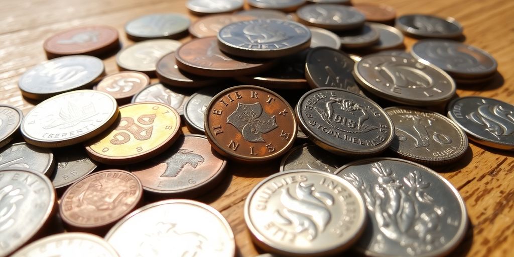 Various coins displayed on a table.
