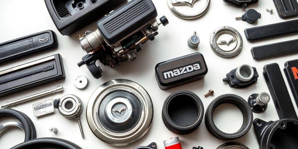 Vintage Mazda car parts arranged for a classic upgrade.