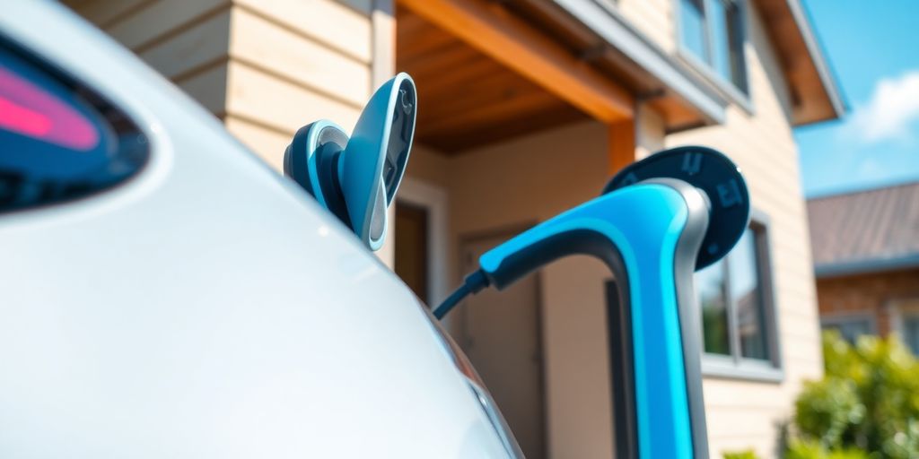 Electric vehicle charging at home with a modern backdrop.