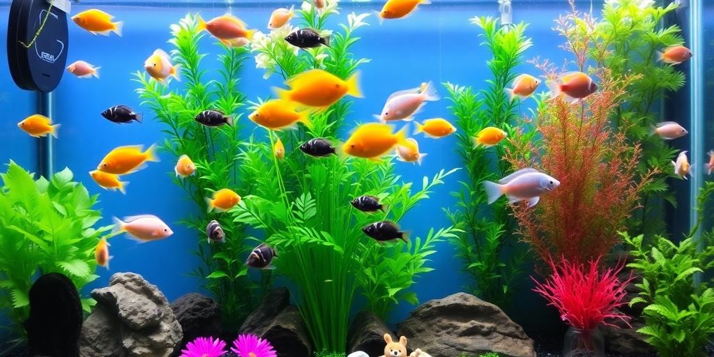 Colorful aquarium with fish and plants in clear water.