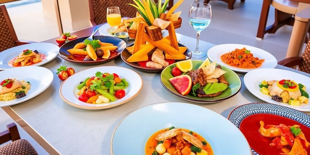 Platos gourmet elegantemente dispuestos en un resort de lujo.