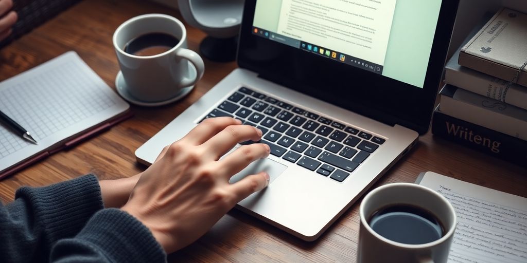 Writer typing on a laptop in a cozy workspace.