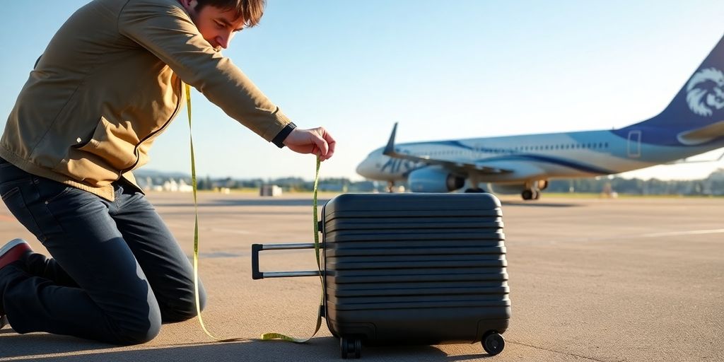 A person measuring a carry-on suitcase by an Alaska Airlines plane.
