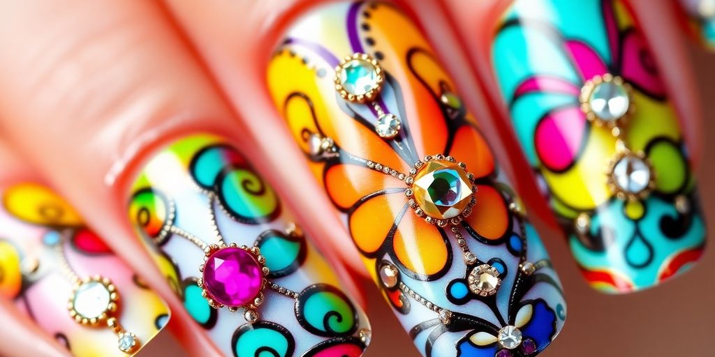Arte delle unghie colorate e decorate con dettagli elaborati.