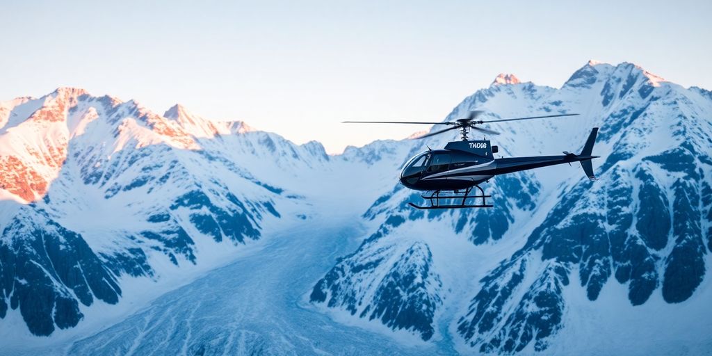 A sleek helicopter soars over a vast, snowy Alaskan landscape.