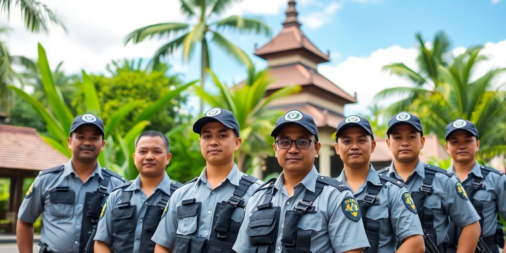 Bali security team in uniform amid tropical landscape.