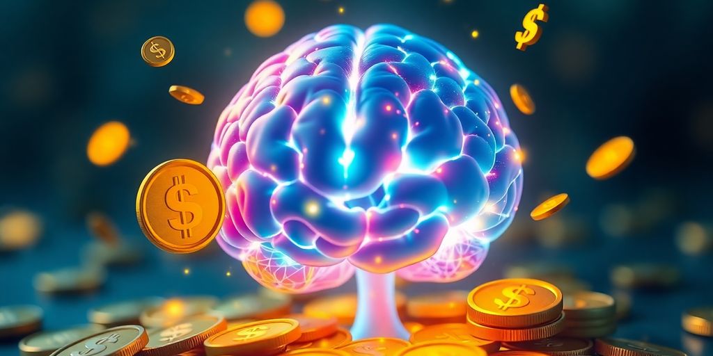 Brain with gold coins representing wealth attraction.