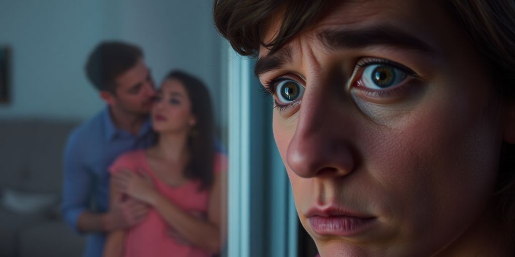 Worried person looking out window, reflecting couple's image.