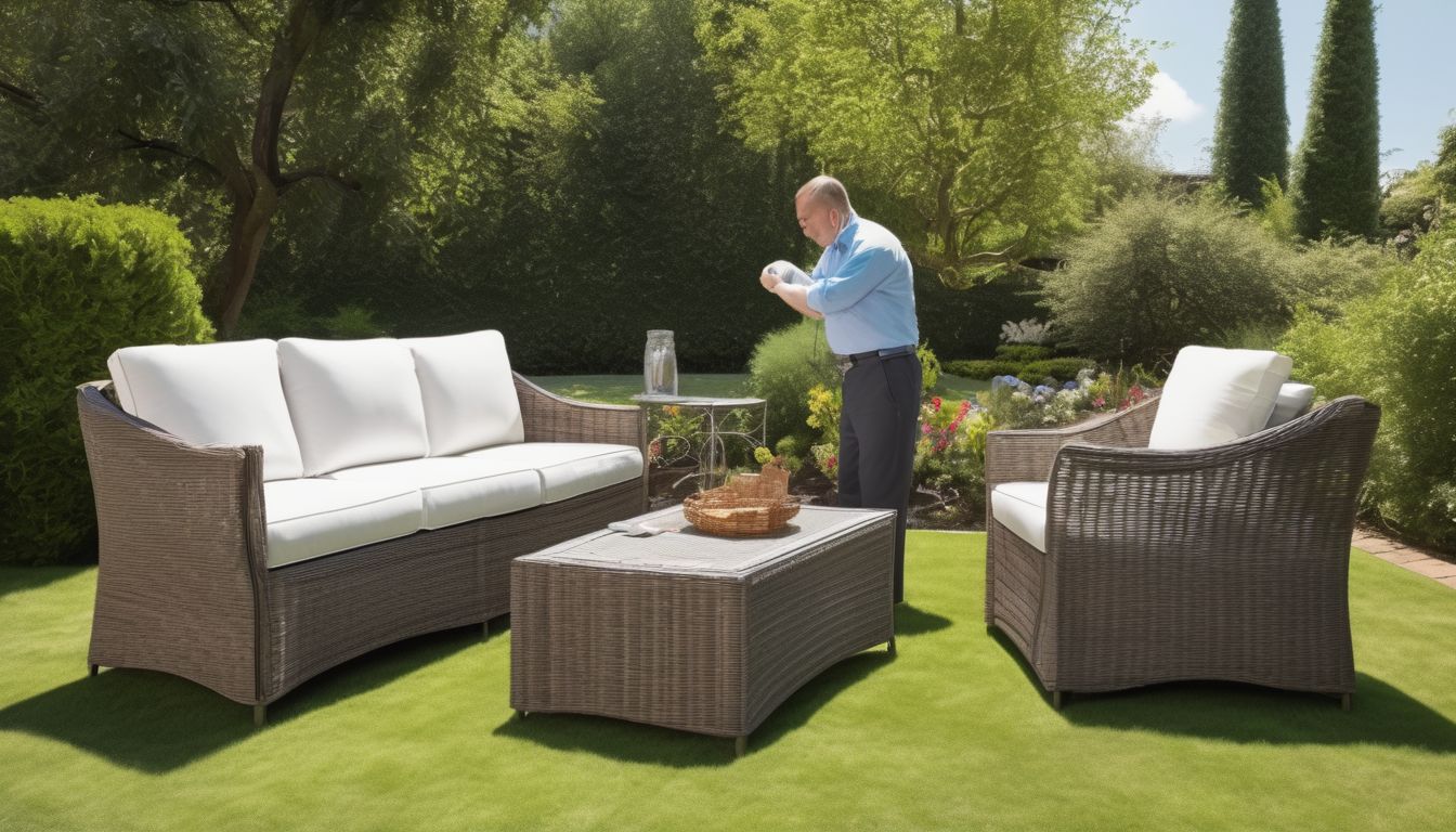 person inspecting outdoor furniture for wear and tear in a garden