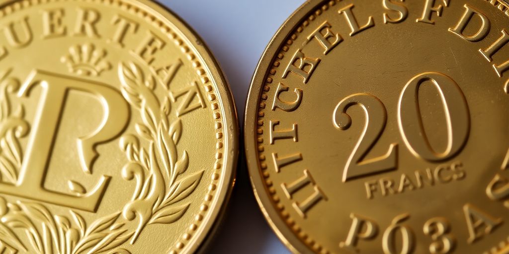 Pièces d'or Krugerrand et Napoléon côte à côte.
