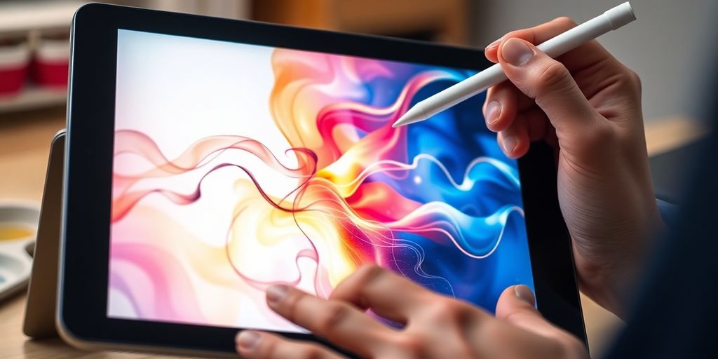 Digital artist creating vibrant AI-generated art on a tablet.