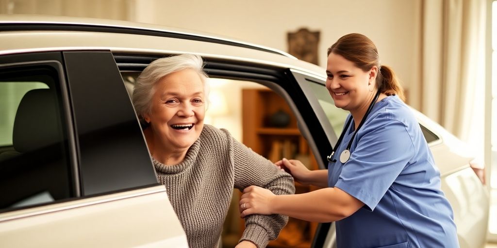 Senior receiving transportation assistance from a caregiver.