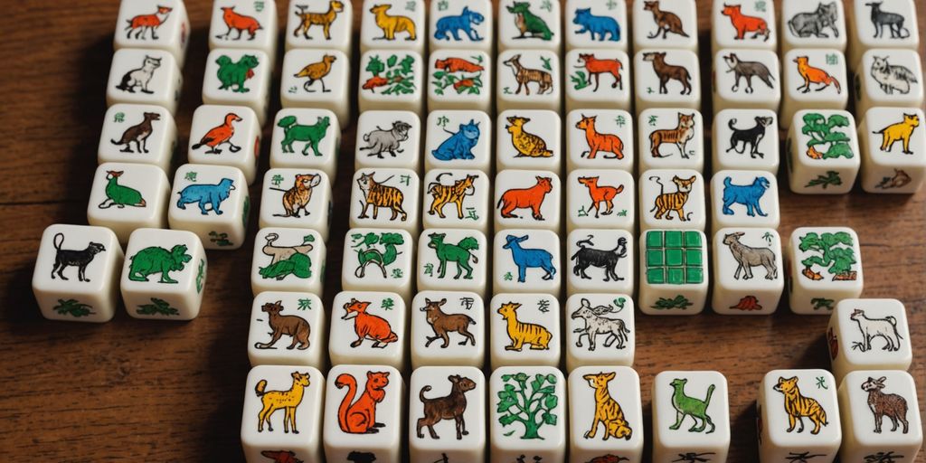 Colorful animal Mahjong tiles on a wooden table