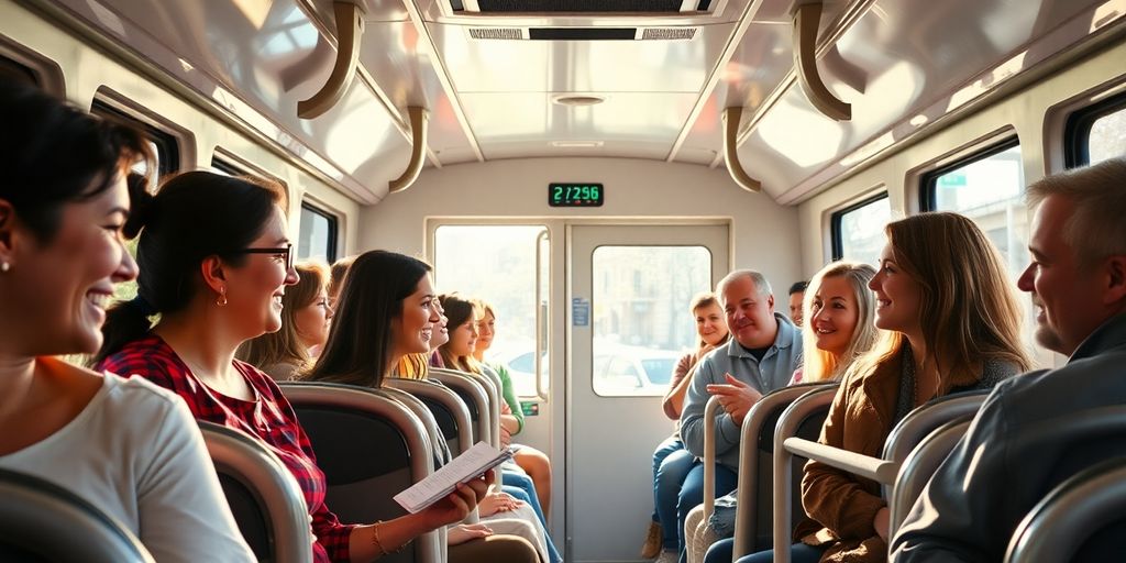 People commuting on a clean, modern public transport vehicle.