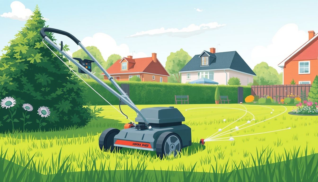Lawnmower cutting grass in a suburban garden