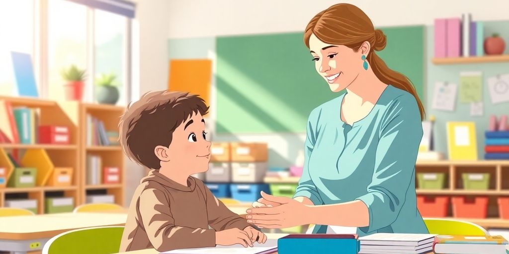 Teacher helping student, bright classroom.